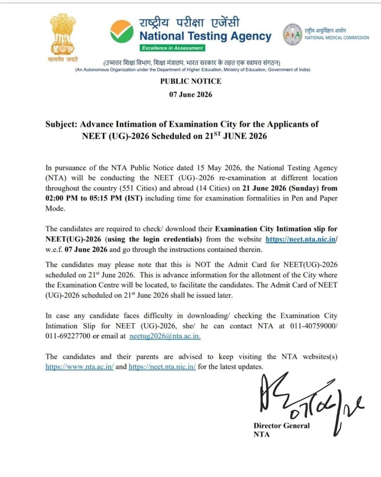 NEET UG 2026 Re-Exam: NTA Releases Advance Examination City Intimation Slip