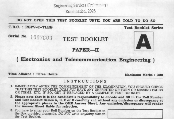 Engineering Services (Preliminary) Examination 2026 Paper-II Elec. & Telecom. Engineering Question Paper