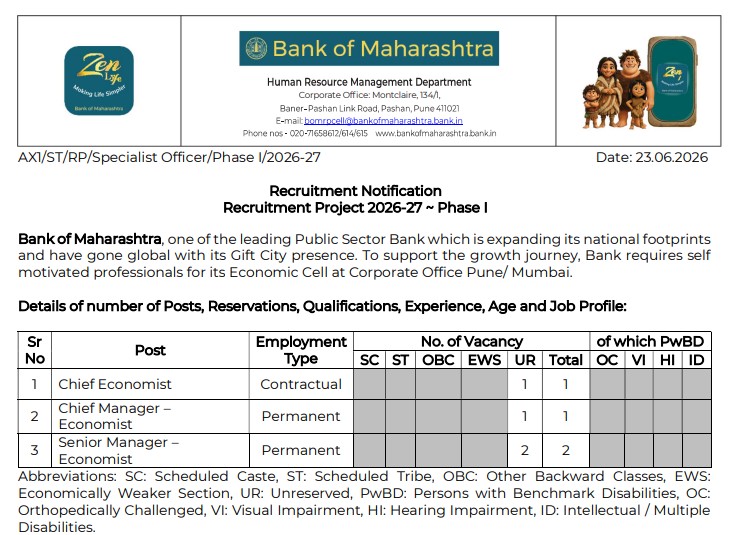 Bank of Maharashtra Specialist Officer Recruitment 2026: Apply Now
