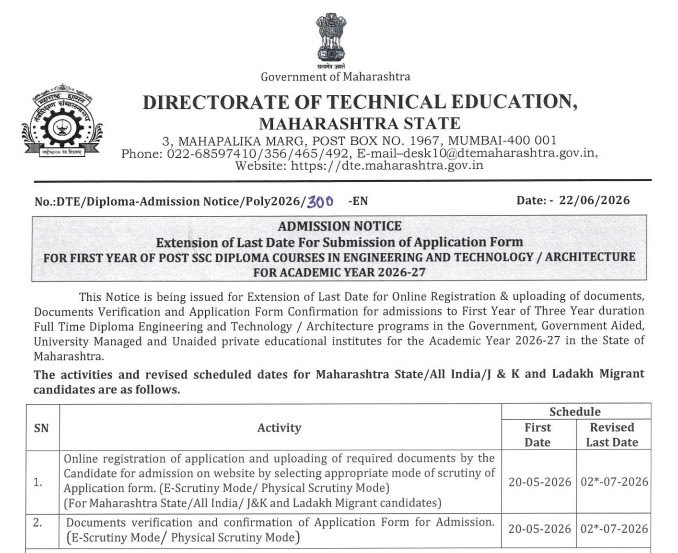 Maharashtra Polytechnic Admission 2026 Deadline Extended to July 2