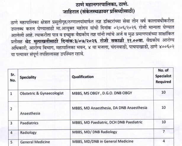 Thane Municipal Corporation Specialist Doctor Recruitment 2026: Walk-In Interview