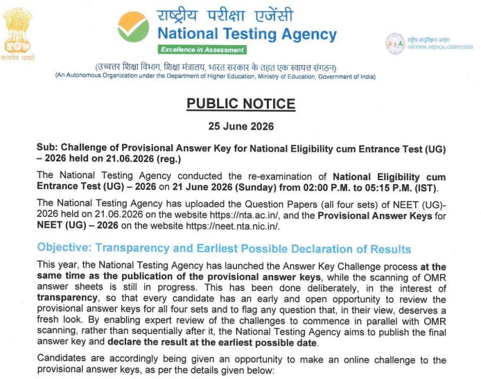 NTA NEET UG Re-Exam 2026 Answer Key: Out