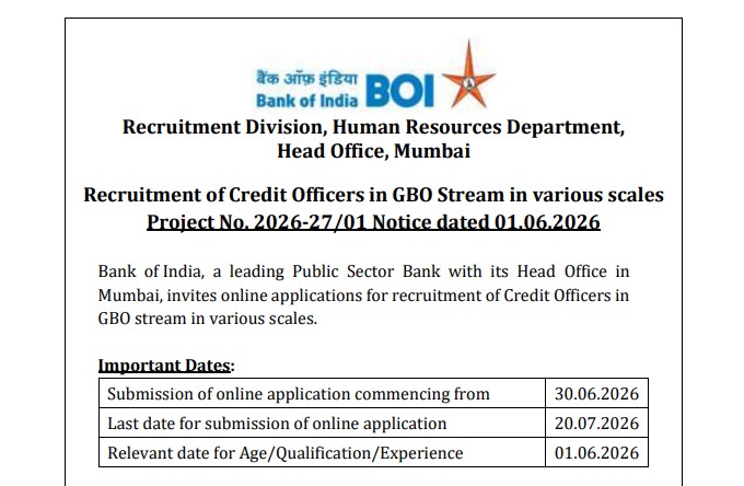 Bank of India Credit Officer Recruitment 2026: Notification Out For 779 Posts
