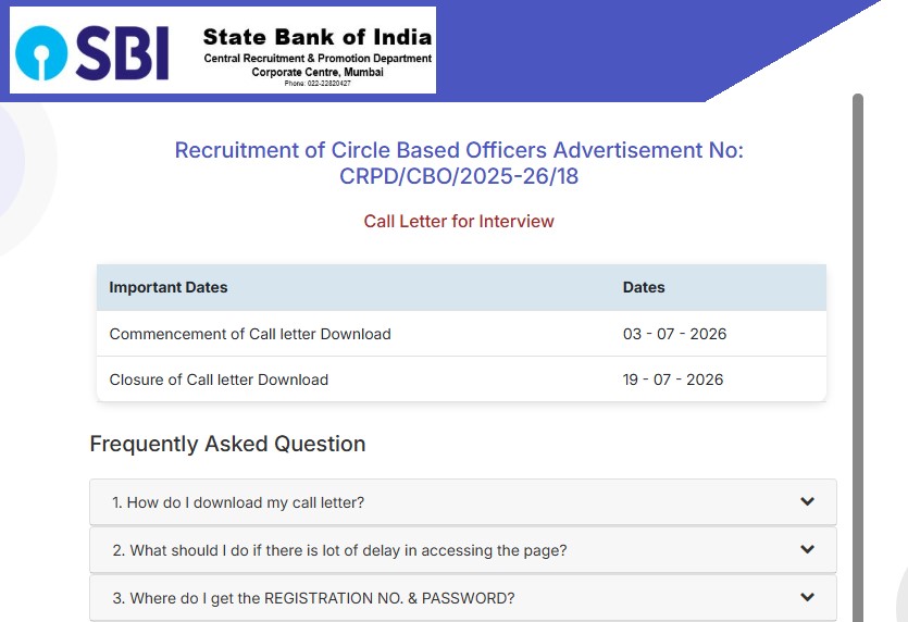 SBI CBO Interview Call Letter 2026 Released: Download Call Letter