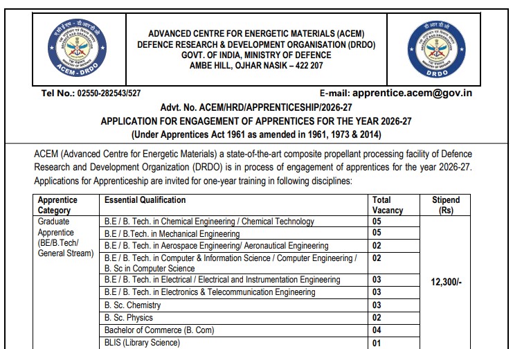 DRDO Apprentice Recruitment 2026 Notification Out For ACEM