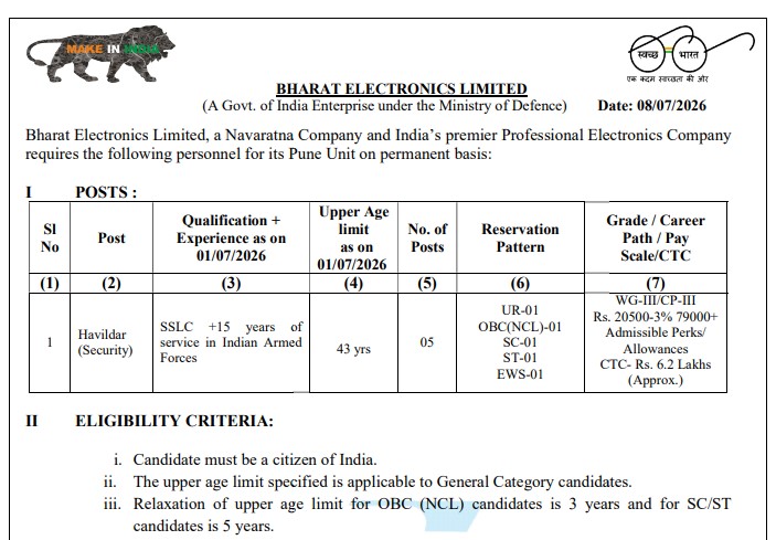 BEL Pune Recruitment 2026: Havildar Posts