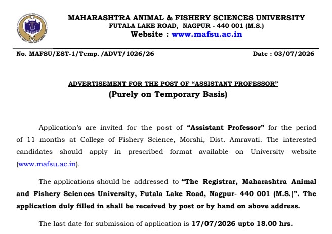MAFSU Assistant Professor Recruitment 2026