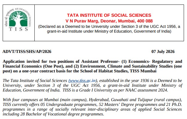 TISS Recruitment 2026: Assistant Professor Posts