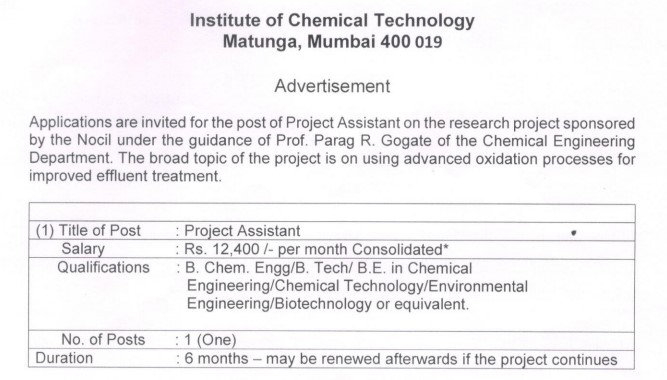ICT Mumbai Project Assistant Recruitment 2026