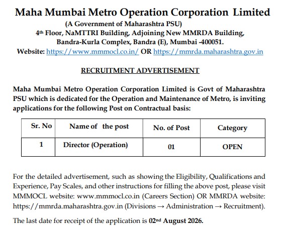 Maha Mumbai Metro Recruitment 2026: Director (Operations) Post