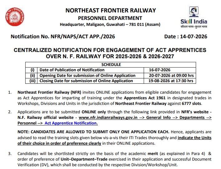 NFR Apprentice Recruitment 2026: 6,777 Apprentice Posts