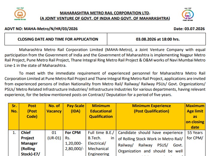 MAHA Metro Recruitment 2026: Various Post