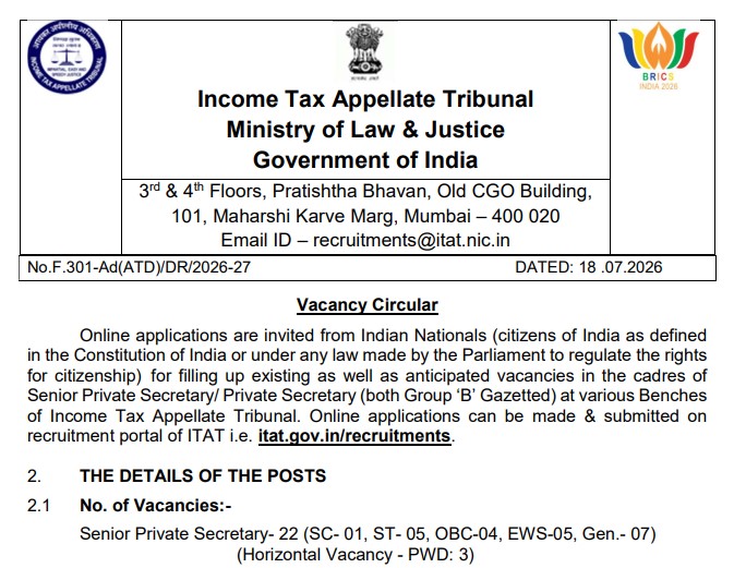 ITAT Recruitment 2026: Senior Private Secretary and Private Secretary Posts