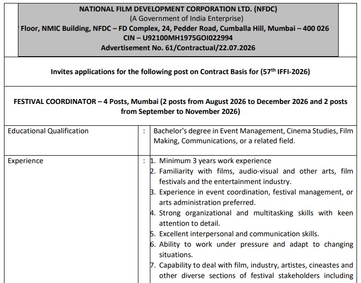 NFDC Recruitment 2026: For Festival Coordinator Post