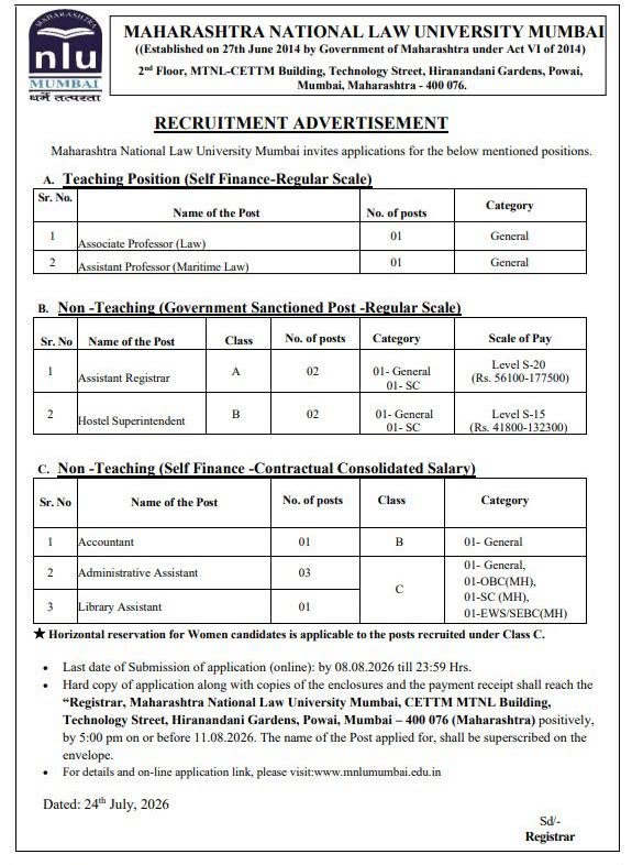 Maharashtra National Law University Mumbai Recruitment 2026