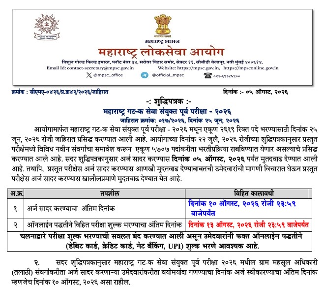 MPSC State Services Preliminary Examination 2026: Application Deadline Extended; Revised Notification Issued for 6,507 Vacancies