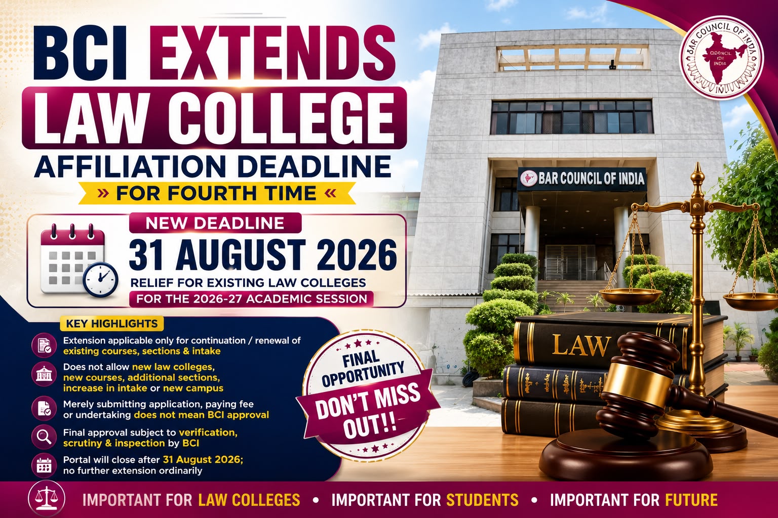 BCI Extends Law College Affiliation Deadline for Fourth Time; Fresh Deadline Set for August 31