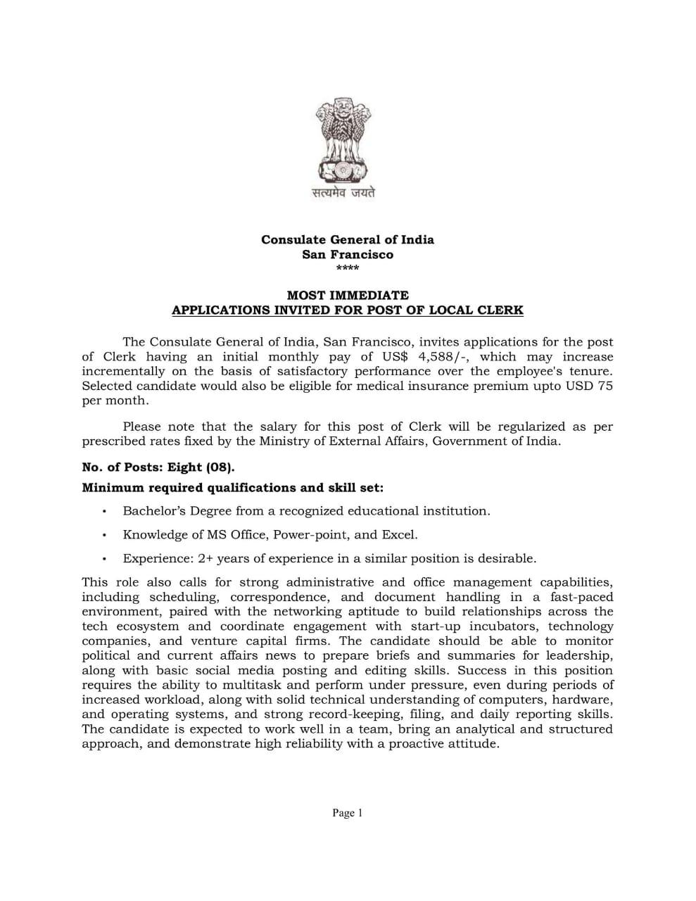 San Francisco Indian Consulate Recruitment 2026: Local Clerk Posts