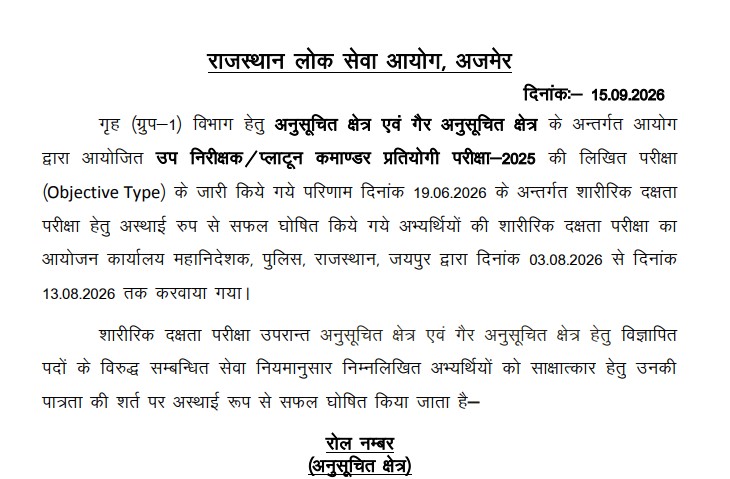 RPSC SI Platoon Commander PET Result 2026 Released: How to Check?