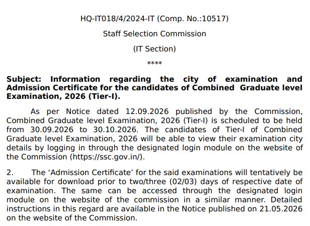 SSC CGL Tier 1 Exam City Details 2026 Out: Check City Slip