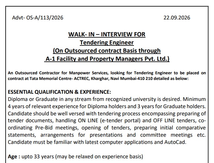 TMC-ACTREC Tendering Engineer Recruitment 2026: Walk-in Interview