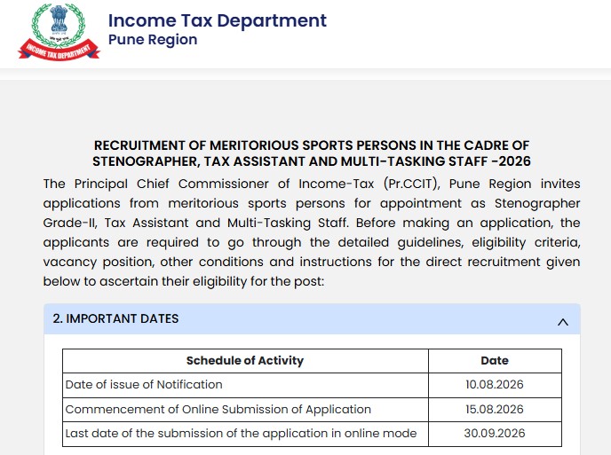 Income Tax Pune Sports Quota Recruitment 2026