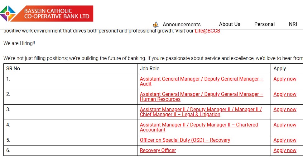 Bassein Catholic Bank Recruitment 2026