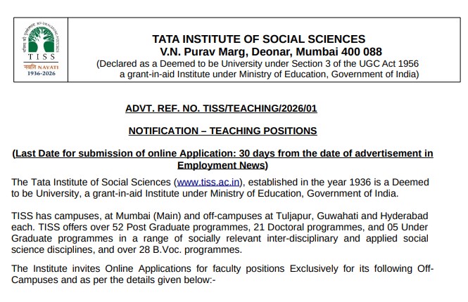 TISS Teaching Recruitment 2026: For Professor, Assistant Professor
