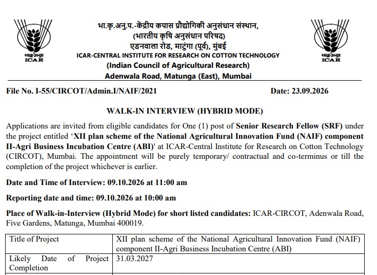 ICAR CIRCOT Senior Research Fellow Recruitment 2026