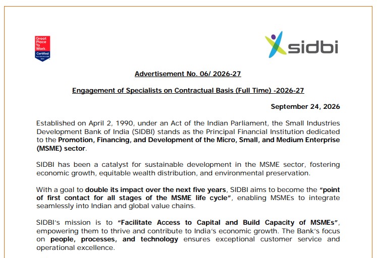 SIDBI Specialist Recruitment 2026 For Various Post