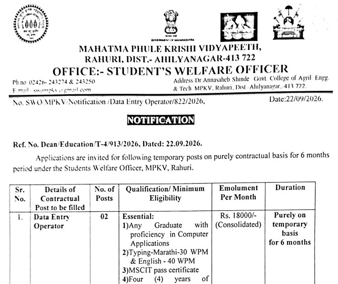 MPKV Data Entry Operator Recruitment 2026: ₹18,000 Salary, Apply by October 5
