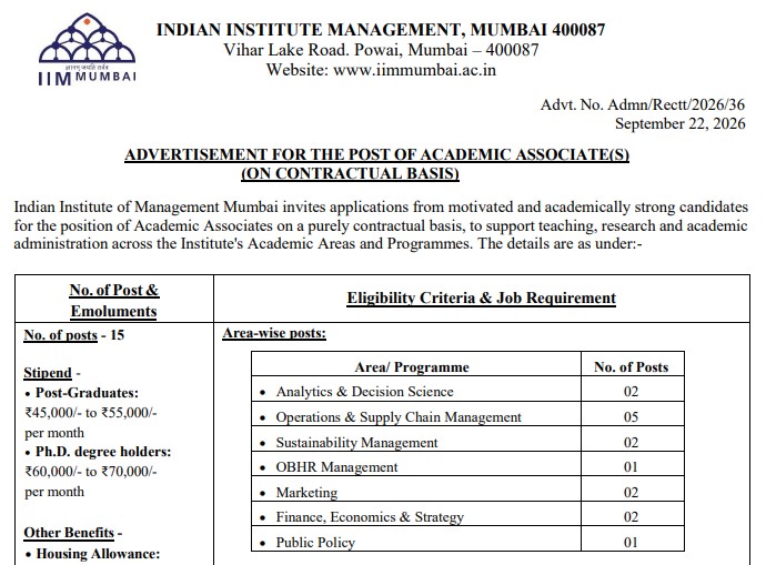 IIM Mumbai Academic Associate Recruitment 2026: Check Eligibility