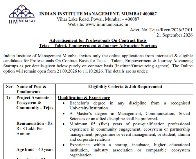 IIM Mumbai Project Associate Recruitment 2026: 8 Lakh Per Annum