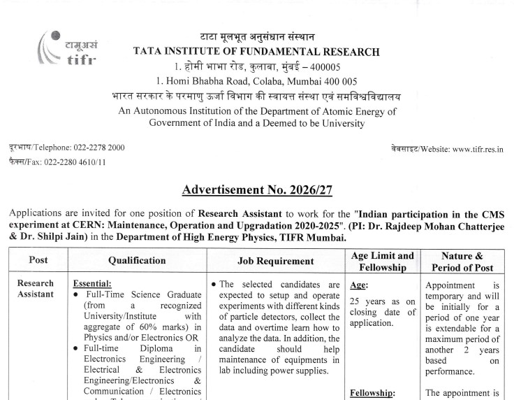TIFR Research Assistant Recruitment 2026: Apply Now