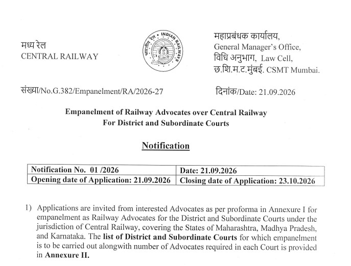 Central Railway Advocate Recruitment 2026: Eligibility and Dates