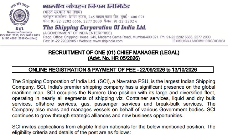 Shipping Corporation of India Recruitment 2026: Chief Manager Legal