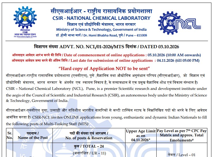 CSIR NCL MTS Recruitment 2026: 24 Government Jobs for Matriculates