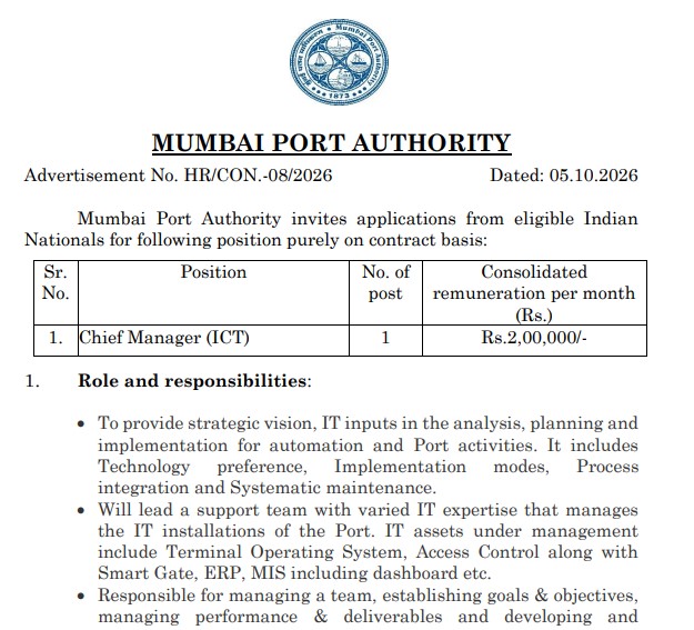 Mumbai Port Authority Recruitment 2026: Chief Manager ICT