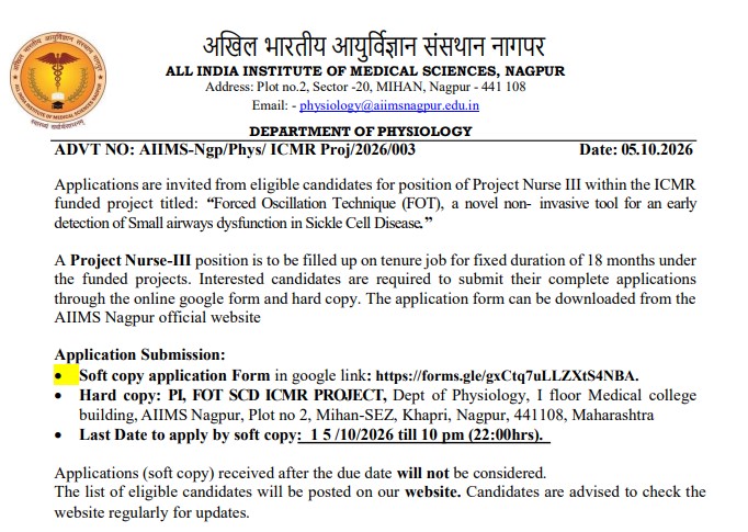 AIIMS Nagpur Project Nurse Recruitment 2026: Opportunity for M.Sc. Nursing and B.Sc. Nursing Candidates