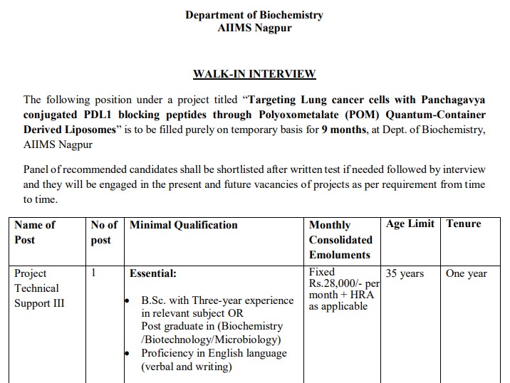 AIIMS Nagpur Recruitment 2026: Project Technical Support III, Salary 28,000