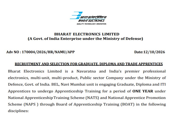 BEL Apprentice Recruitment 2026: Opportunities for Graduate, Diploma, and ITI Candidates