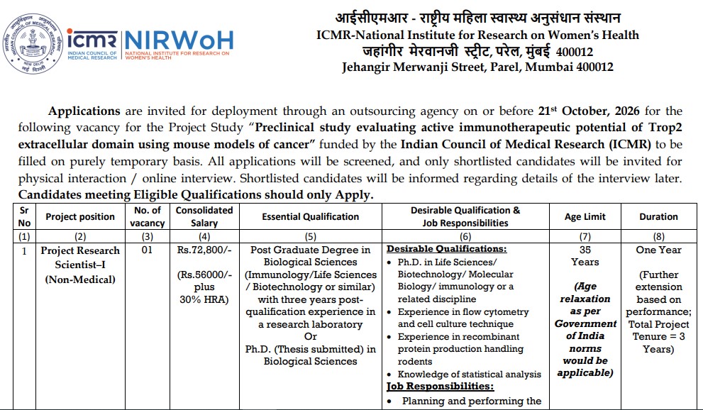 ICMR NIRRCH Project Research Scientist Recruitment 2026