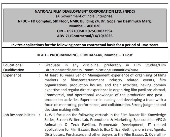 NFDC Recruitment 2026: Job for a 'Head' position with a monthly salary of ₹2 lakh