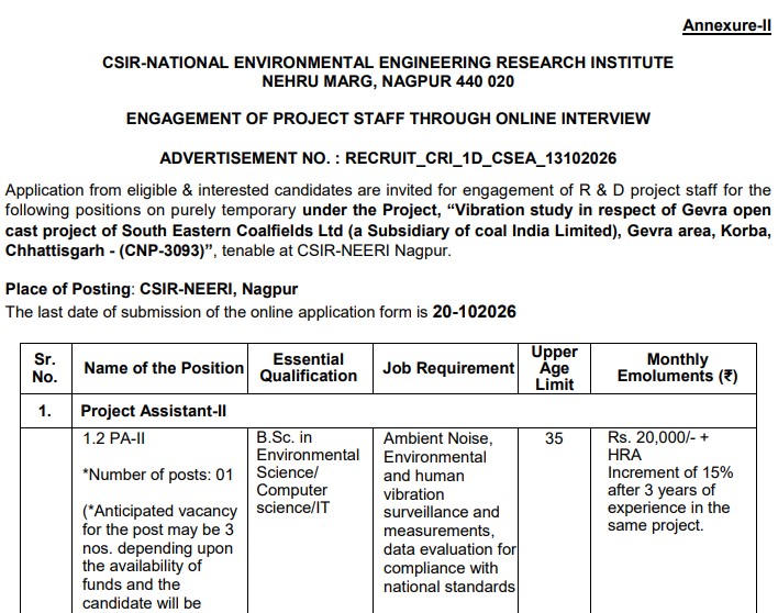 CSIR-NEERI Project Assistant Recruitment 2026: Last date is October 20