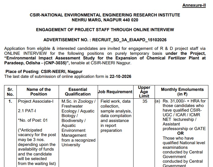 CSIR-NEERI Recruitment 2026: Recruitment for Project Associate-I