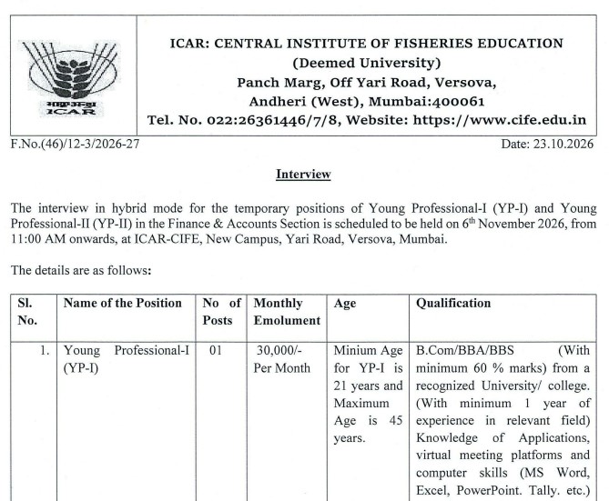 ICAR-CIFE Jobs 2026: Job Opportunities for the Position of Young Professional