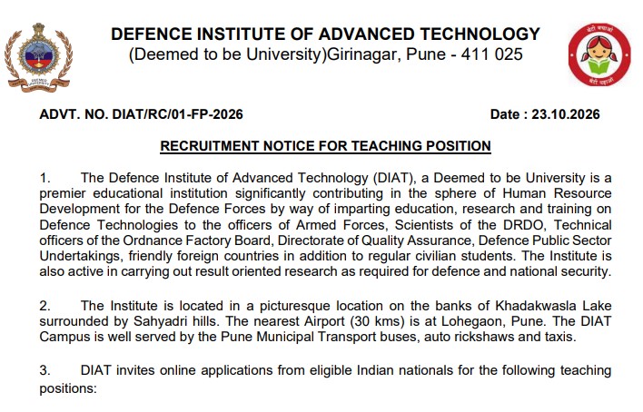 DIAT Recruitment 2026: Recruitment for teaching positions, salary ₹2 lakh
