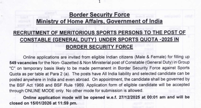 Turn Your Sporting Talent into a Defence Career: BSF Constable GD Sports Quota Recruitment 2025
