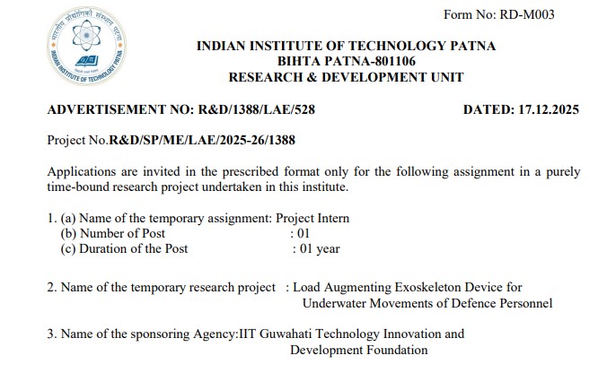 Latest Internship Opportunity at IIT Patna 2026: Project Intern Post Open