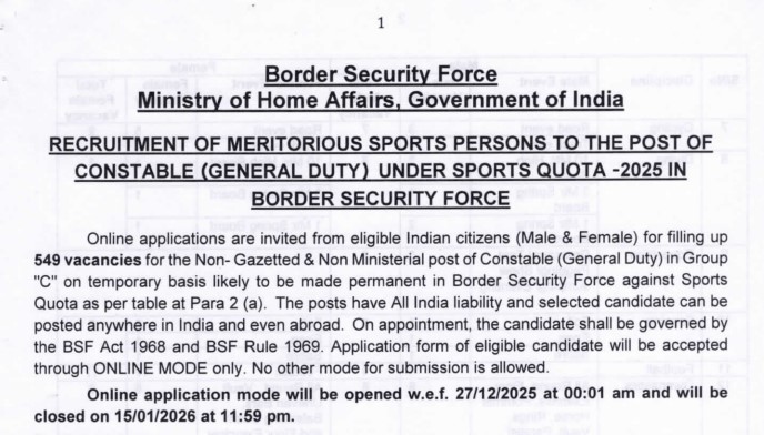 Turn Your Sporting Talent into a Defence Career: BSF Constable GD Sports Quota 2025